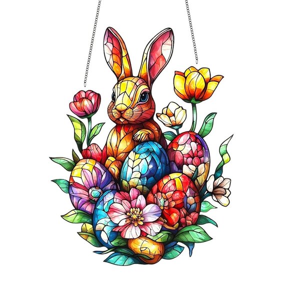 Suncatcher Bunny Rabbit Mosaic Easter Eggs Hanging Window Decor Colorful Spring - Picture 1 of 3